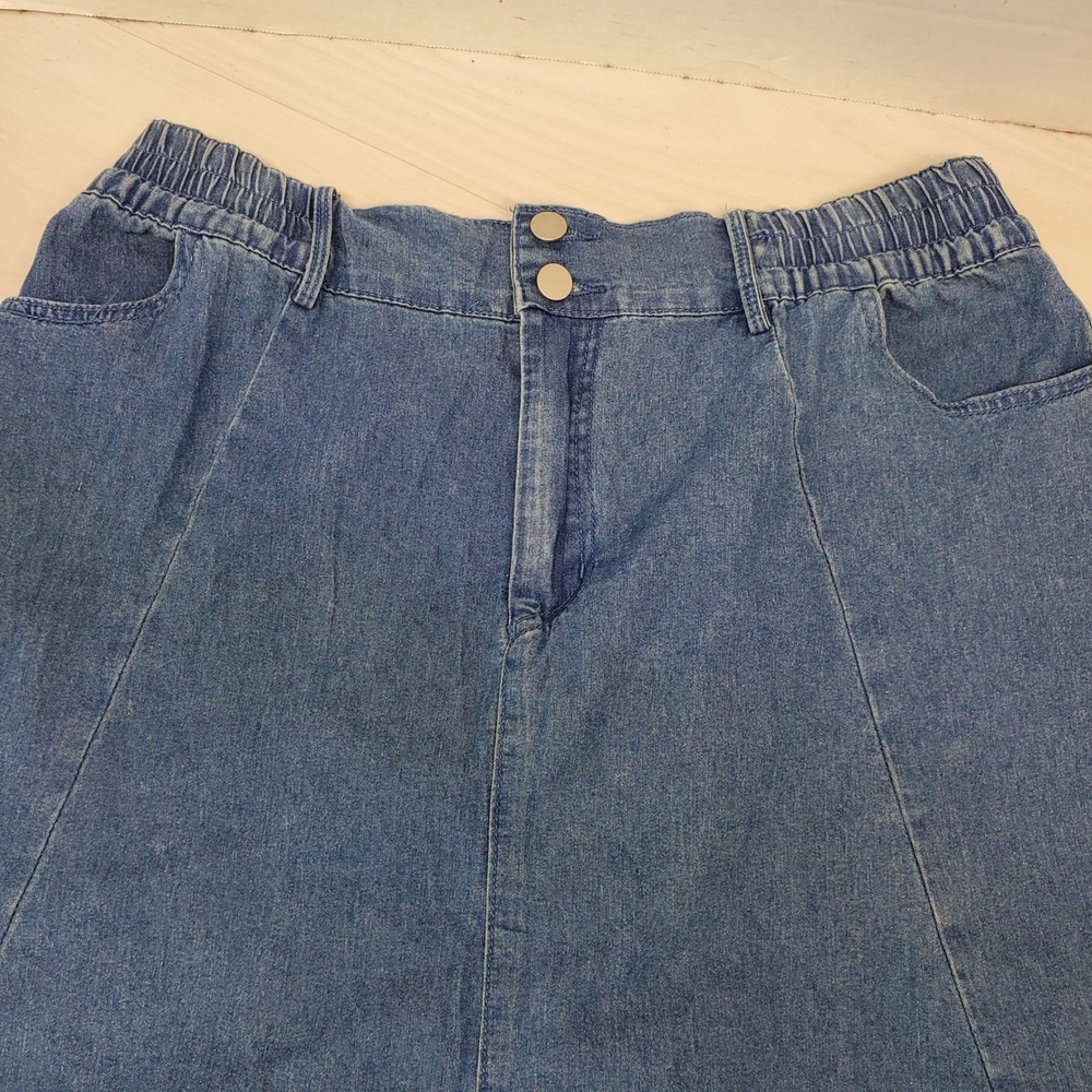 Kate Kasin Blue Denim A-Line Midi Skirt Plus Size 2XL Prairie Cottagecore Flare